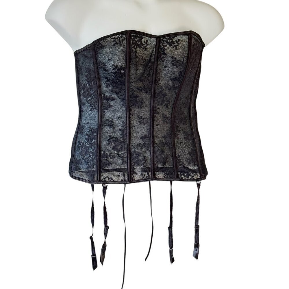 Vintage Black Lace Corset Bustier 10 Satin Covered Ribs Lace Up Back  Size 38